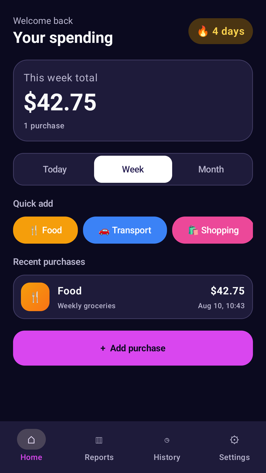 Pure Purchase Tracker home screen