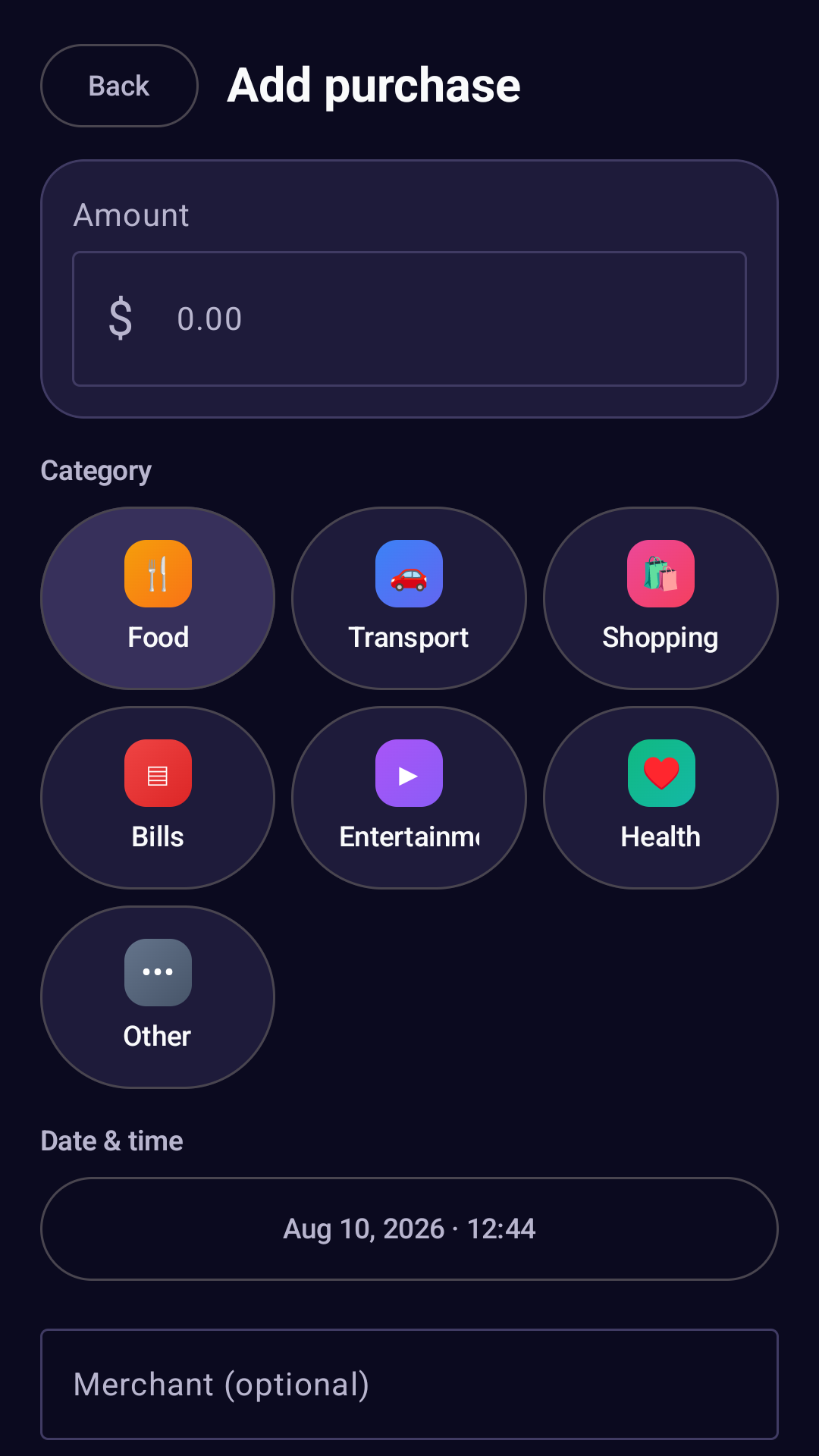 Pure Purchase Tracker add purchase screen